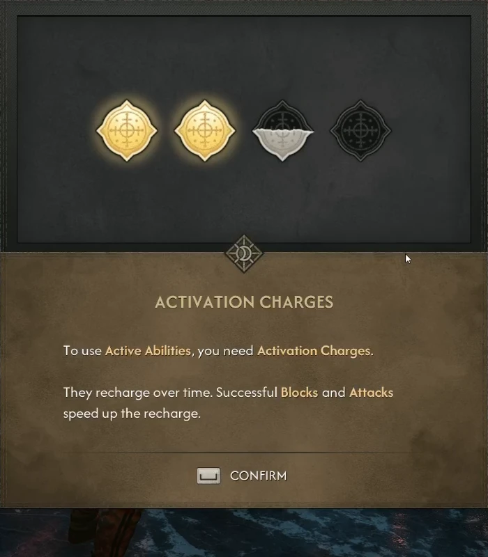 Activation Charges tutorial showing full, partially recharging and empty charges