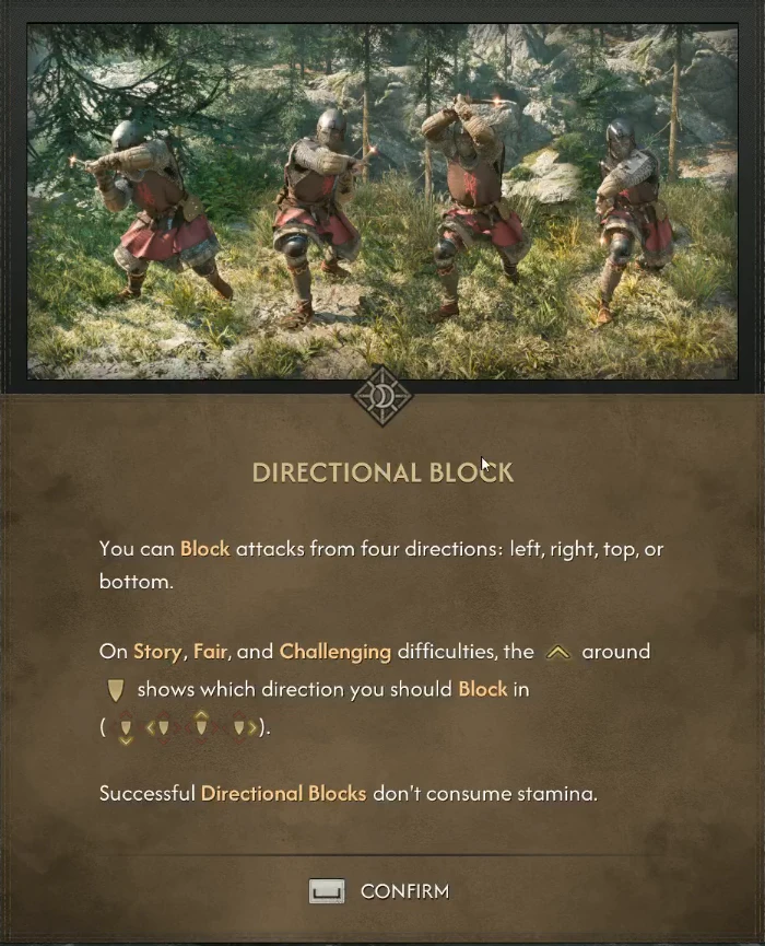 Directional Block tutorial illustrating four blocking directions and stating that successful blocks do not consume stamina