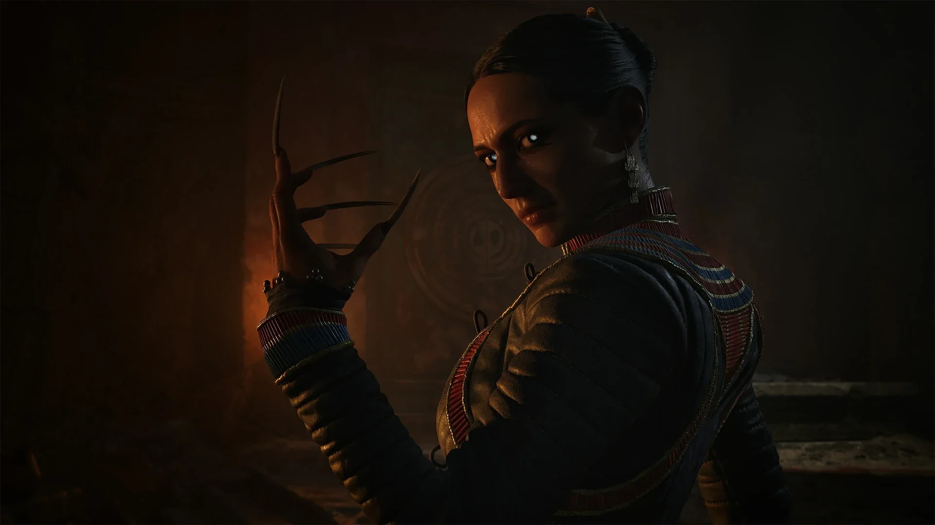 Lacra raising her clawed hand, wearing a grey outfit with a red and blue collar