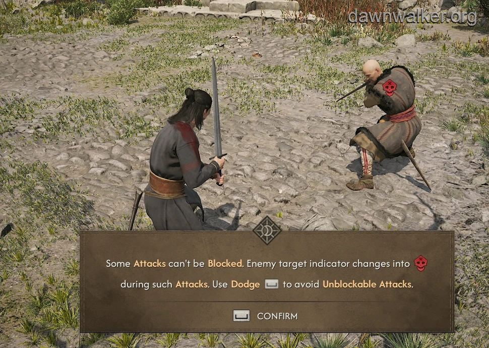 Pieter raising his leg with a red target indicator and the tutorial telling Coen to dodge unblockable attacks