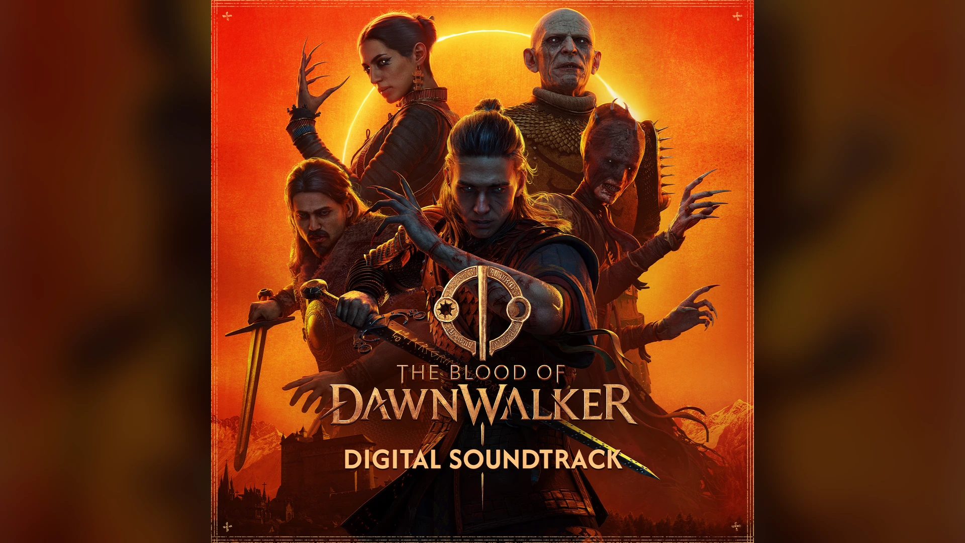 The Blood of Dawnwalker digital soundtrack artwork with characters against an orange eclipse