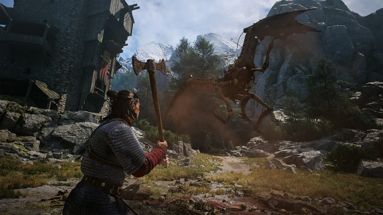 An axe-wielding fighter faces a winged creature on a rocky mountain path